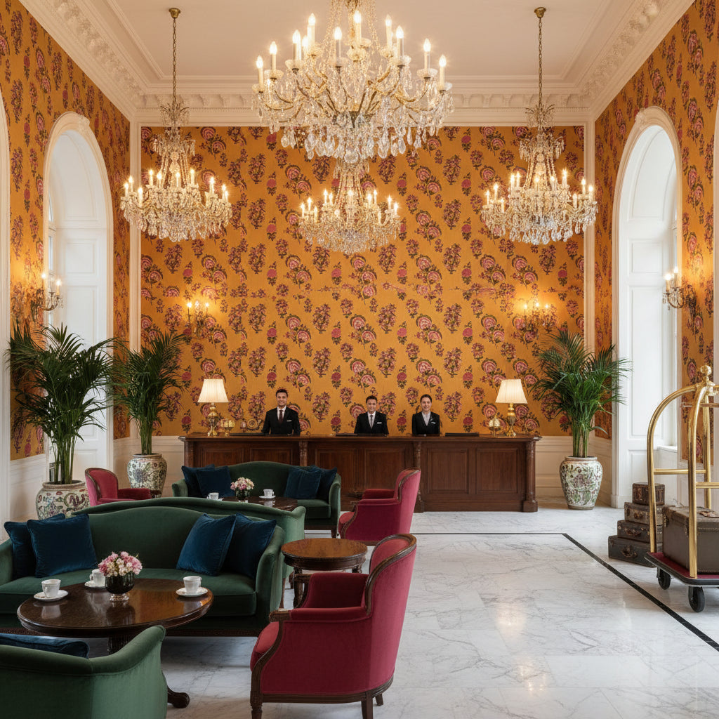 Mead Embroidery golden yellow | Kravet - Hotel Lobby Visualization (AI-generated, may not be to scale. Verify pattern scale with product specifications.)