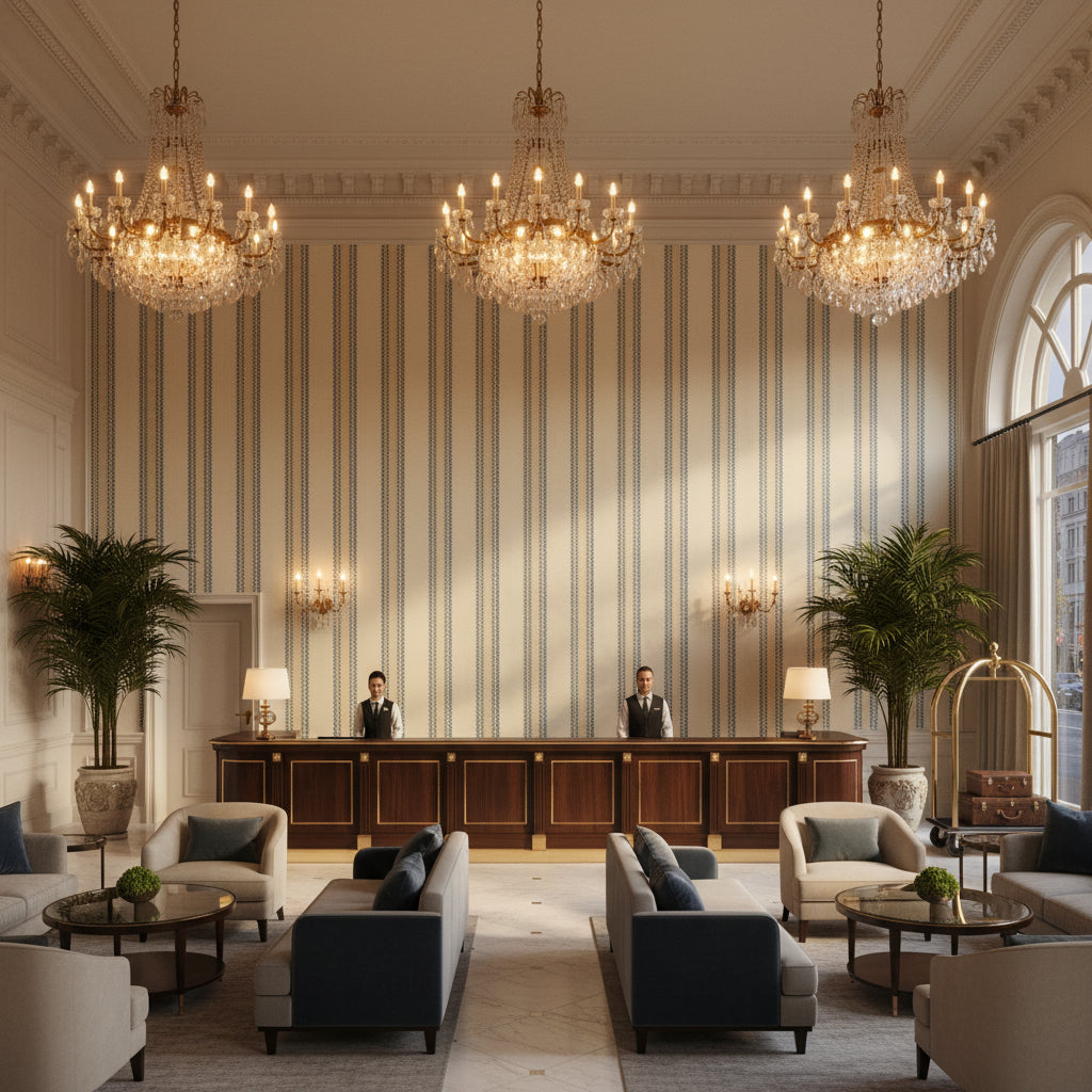 Waldon Stripe Blue | Kravet - Hotel Lobby Visualization (AI-generated, may not be to scale. Verify pattern scale with product specifications.)