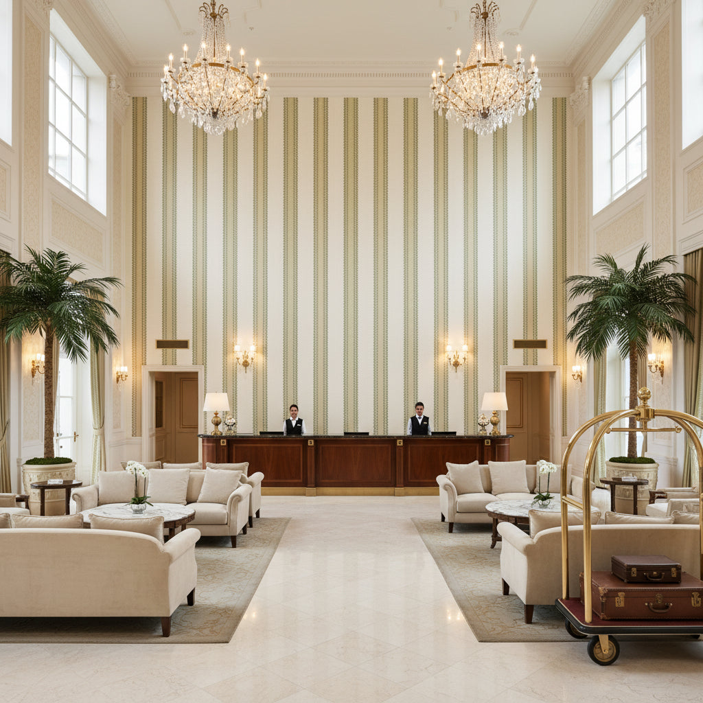 Waldon Stripe Celery | Kravet - Hotel Lobby Visualization (AI-generated, may not be to scale. Verify pattern scale with product specifications.)