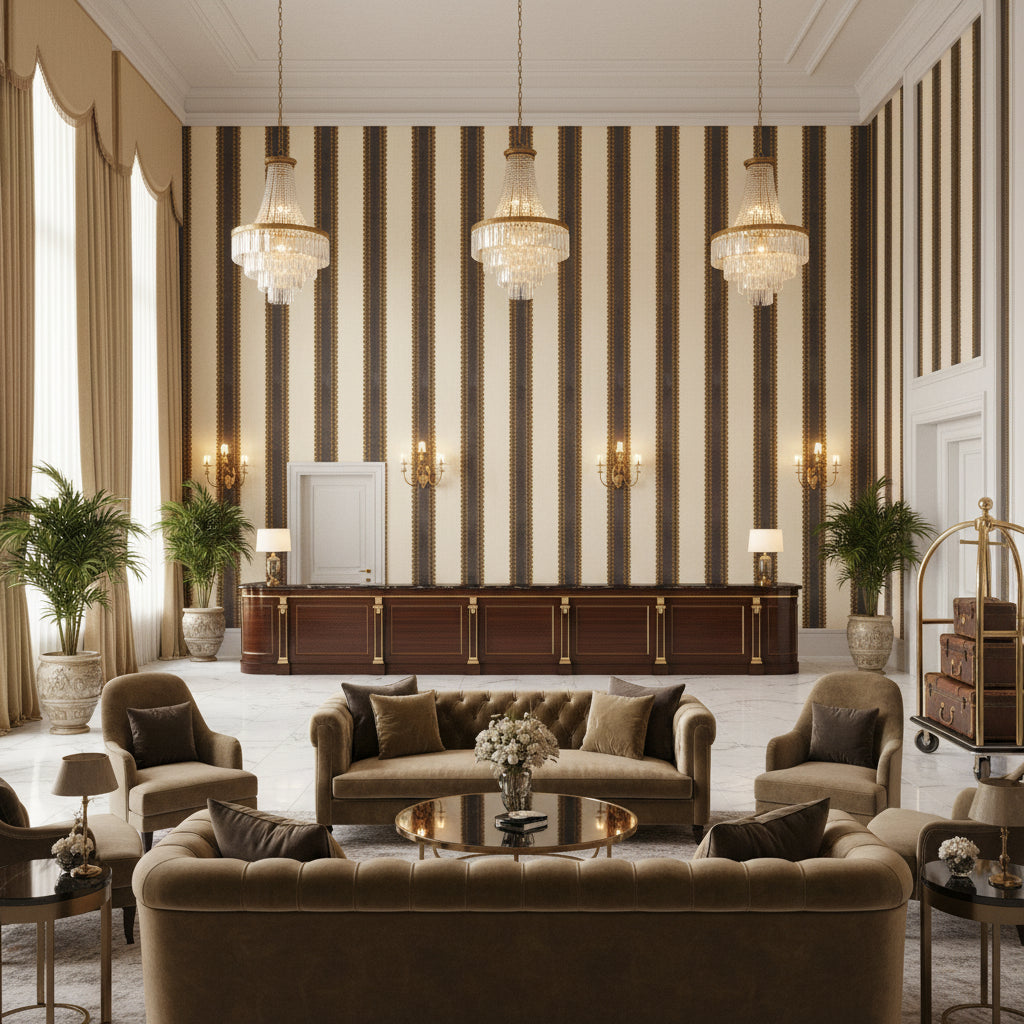 Waldon Stripe Brown | Kravet - Hotel Lobby Visualization (AI-generated, may not be to scale. Verify pattern scale with product specifications.)
