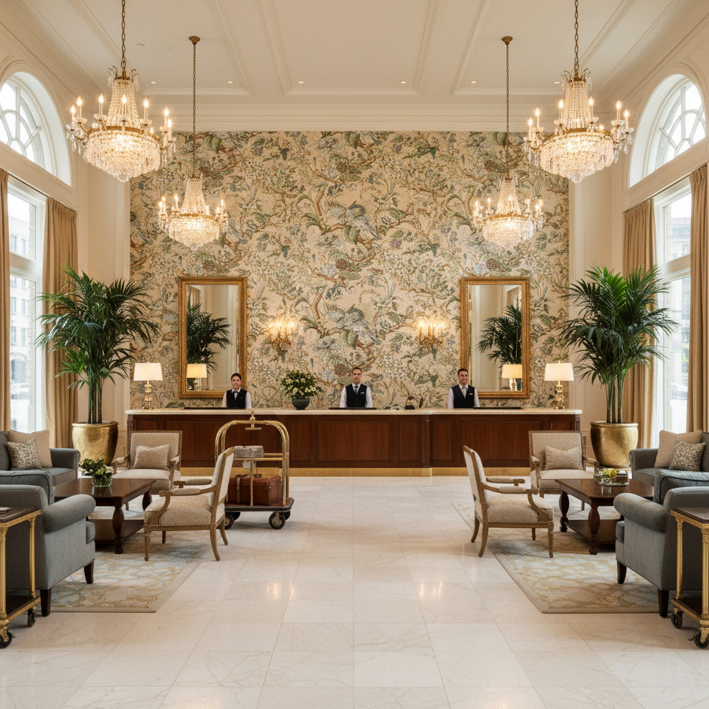 Greenfield Print Sky | Kravet - Hotel Lobby Visualization (AI-generated, may not be to scale. Verify pattern scale with product specifications.)