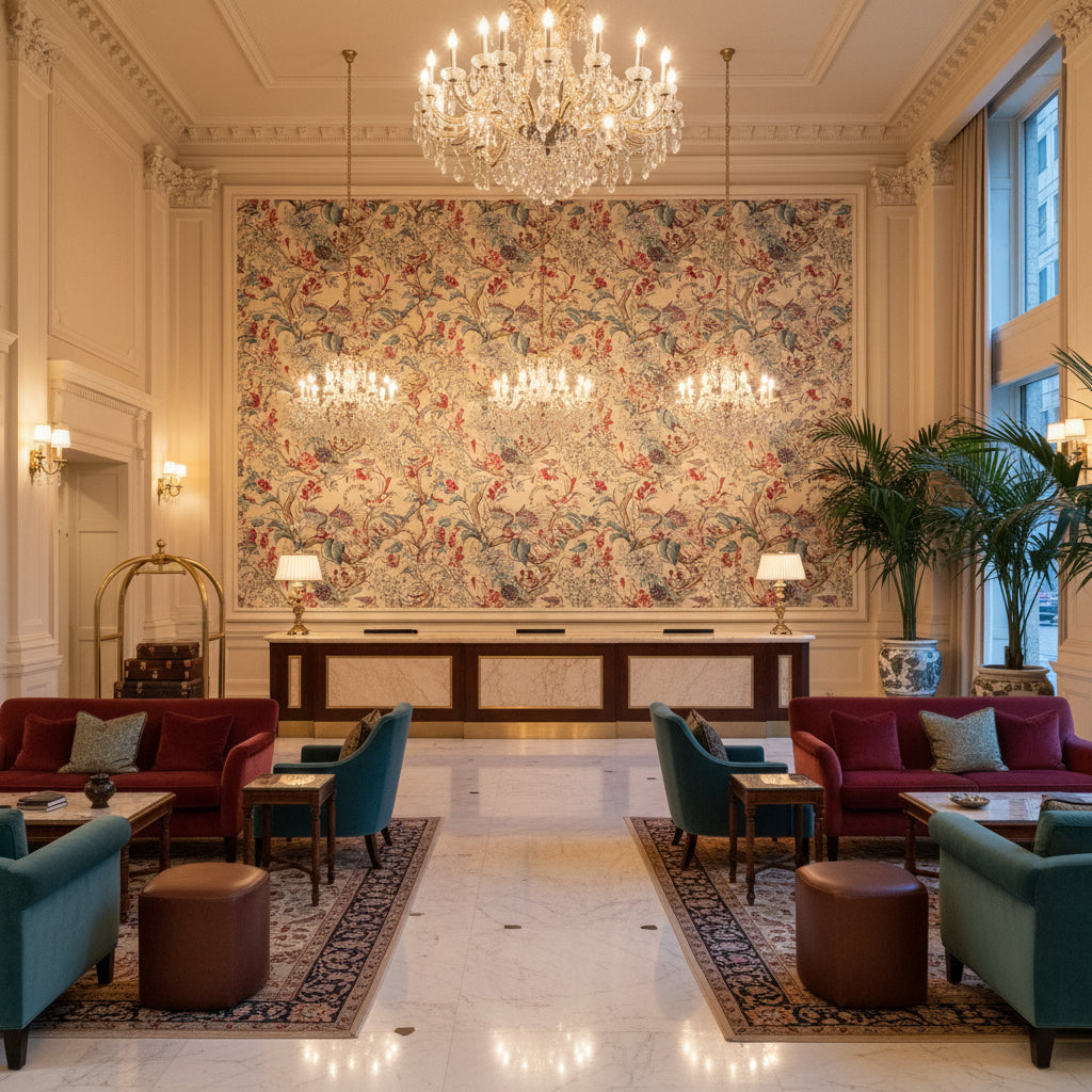 Greenfield Print Multi | Kravet - Hotel Lobby Visualization (AI-generated, may not be to scale. Verify pattern scale with product specifications.)