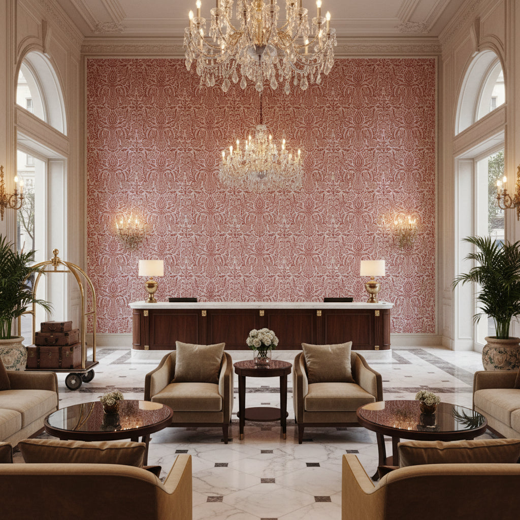 Haven Handblock Ruby | Kravet - Hotel Lobby Visualization (AI-generated, may not be to scale. Verify pattern scale with product specifications.)