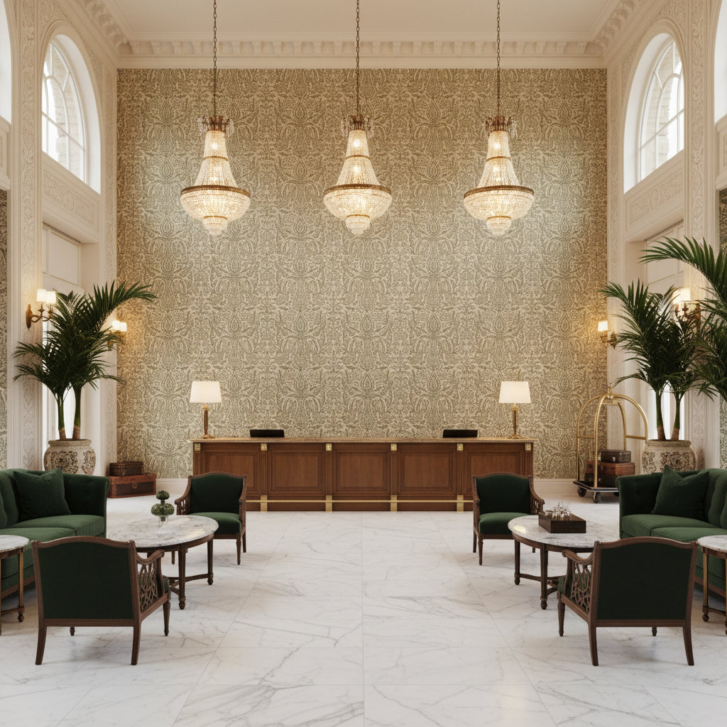 Haven Handblock Moss | Kravet - Hotel Lobby Visualization (AI-generated, may not be to scale. Verify pattern scale with product specifications.)