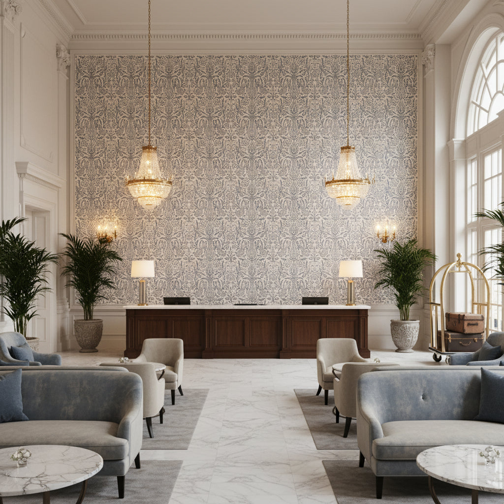 Haven Handblock Indigo | Kravet - Hotel Lobby Visualization (AI-generated, may not be to scale. Verify pattern scale with product specifications.)