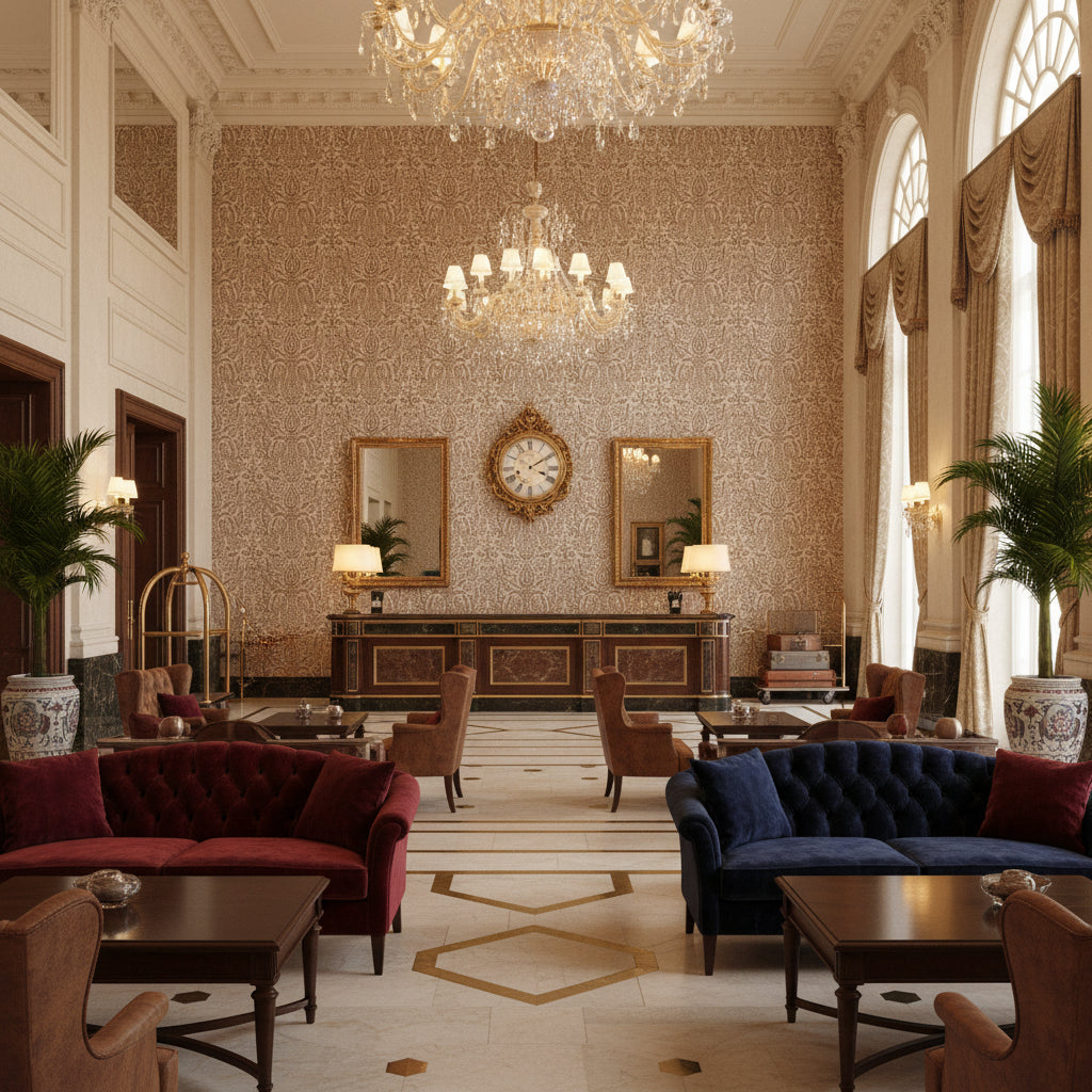 Haven Handblock Java | Kravet - Hotel Lobby Visualization (AI-generated, may not be to scale. Verify pattern scale with product specifications.)