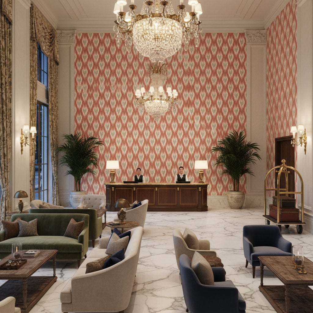 Clare Print Coral | Kravet - Hotel Lobby Visualization (AI-generated, may not be to scale. Verify pattern scale with product specifications.)