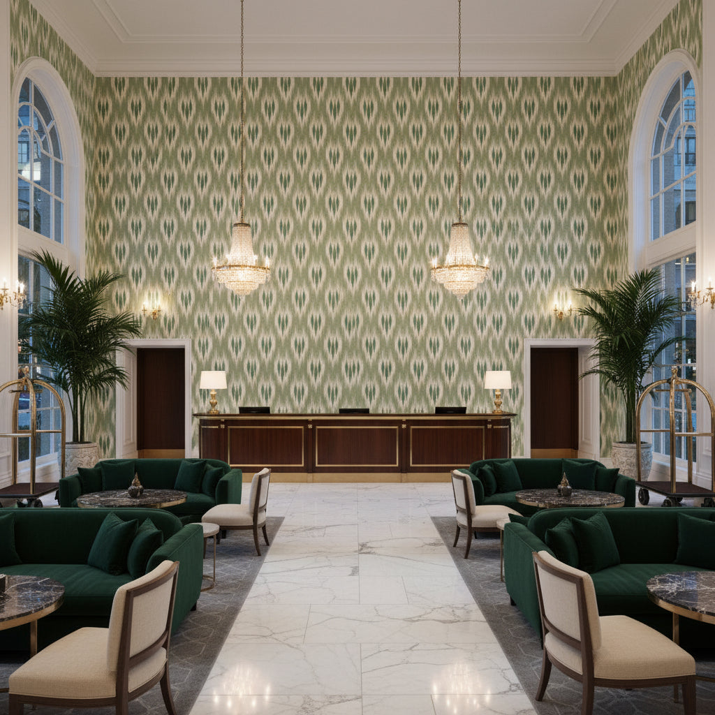Clare Print Moss | Kravet - Hotel Lobby Visualization (AI-generated, may not be to scale. Verify pattern scale with product specifications.)