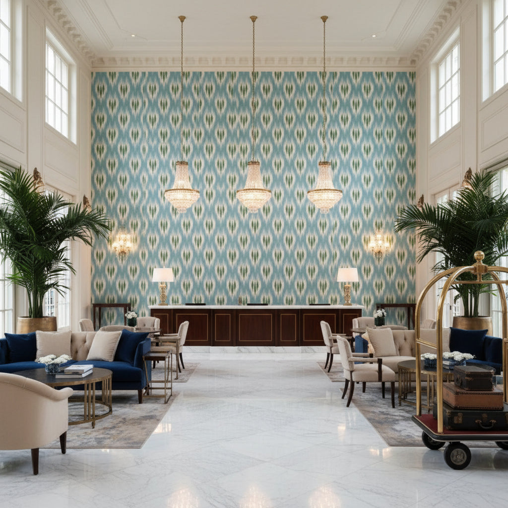 Clare Print Sea | Kravet - Hotel Lobby Visualization (AI-generated, may not be to scale. Verify pattern scale with product specifications.)