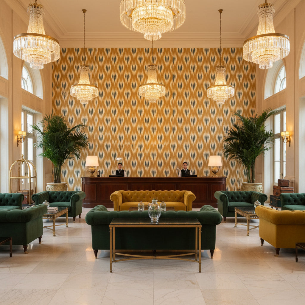 Clare Print Topaz | Kravet - Hotel Lobby Visualization (AI-generated, may not be to scale. Verify pattern scale with product specifications.)