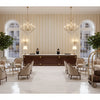 Siders Stripe Sand/Stone | Kravet - Hotel Lobby Visualization (AI-generated, may not be to scale. Verify pattern scale with product specifications.)