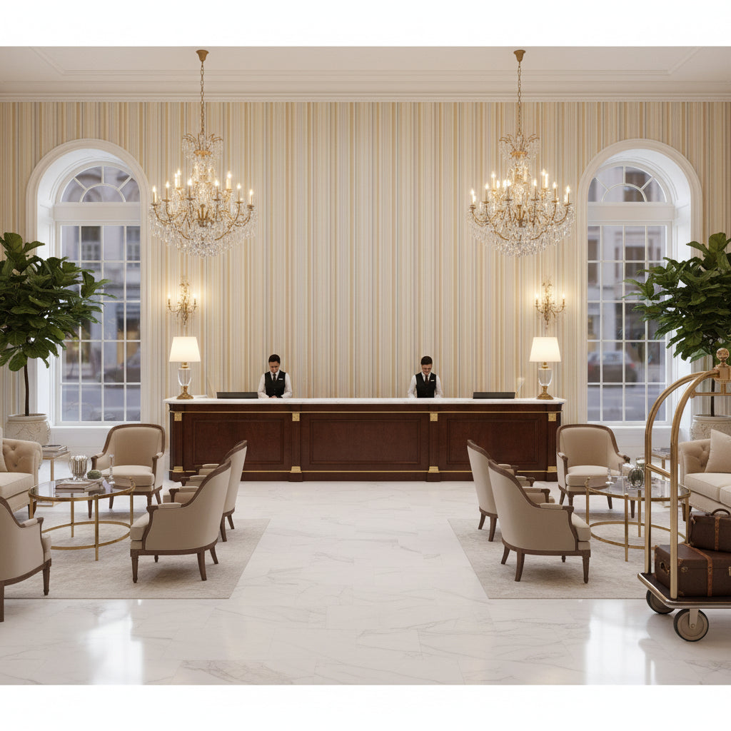 Siders Stripe Sand/Stone | Kravet - Hotel Lobby Visualization (AI-generated, may not be to scale. Verify pattern scale with product specifications.)