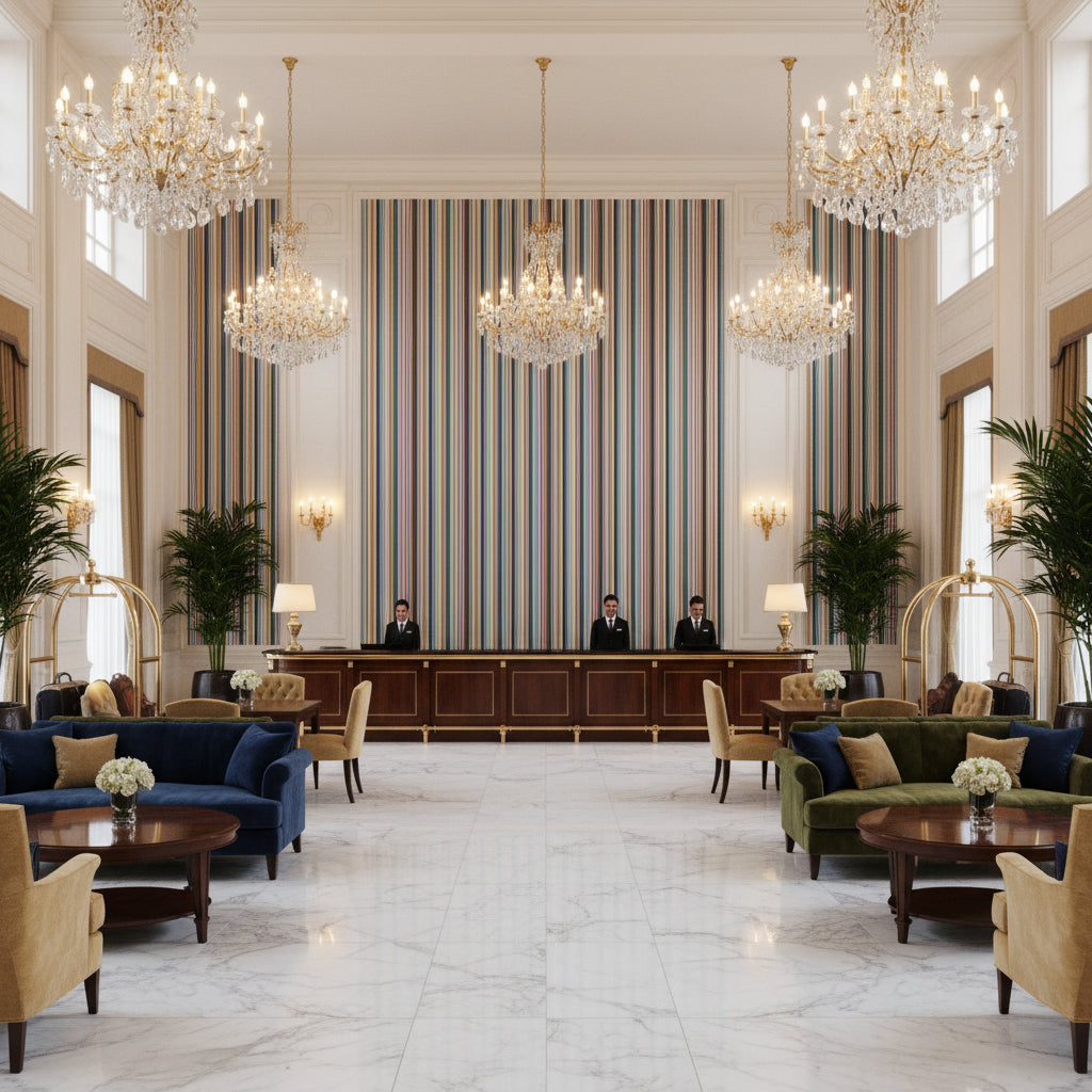 Siders Stripe Blue/Red | Kravet - Hotel Lobby Visualization (AI-generated, may not be to scale. Verify pattern scale with product specifications.)