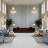 Siders Stripe Capri/Sky | Kravet - Hotel Lobby Visualization (AI-generated, may not be to scale. Verify pattern scale with product specifications.)