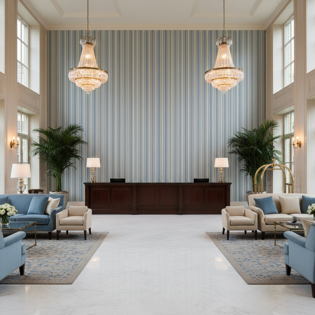 Siders Stripe Capri/Sky | Kravet - Hotel Lobby Visualization (AI-generated, may not be to scale. Verify pattern scale with product specifications.)