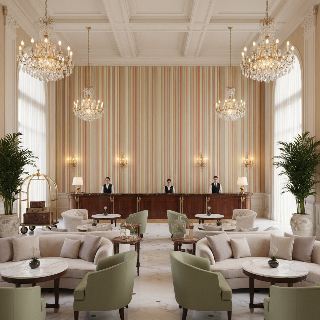 Siders Stripe Blush/Sage | Kravet - Hotel Lobby Visualization (AI-generated, may not be to scale. Verify pattern scale with product specifications.)