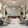 Fisher Plaid Sky/Stone | Kravet - Hotel Lobby Visualization (AI-generated, may not be to scale. Verify pattern scale with product specifications.)