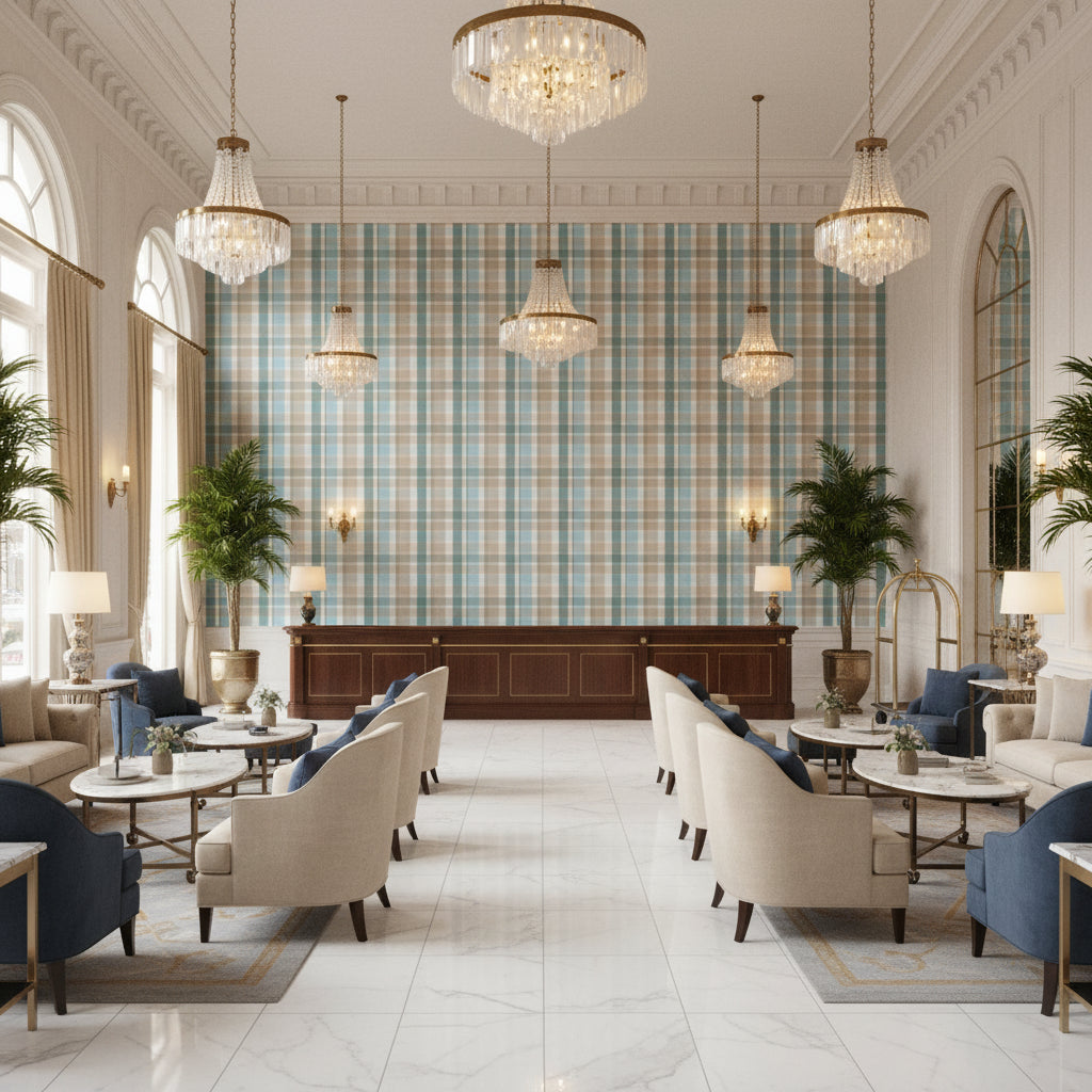 Fisher Plaid Sky/Stone | Kravet - Hotel Lobby Visualization (AI-generated, may not be to scale. Verify pattern scale with product specifications.)