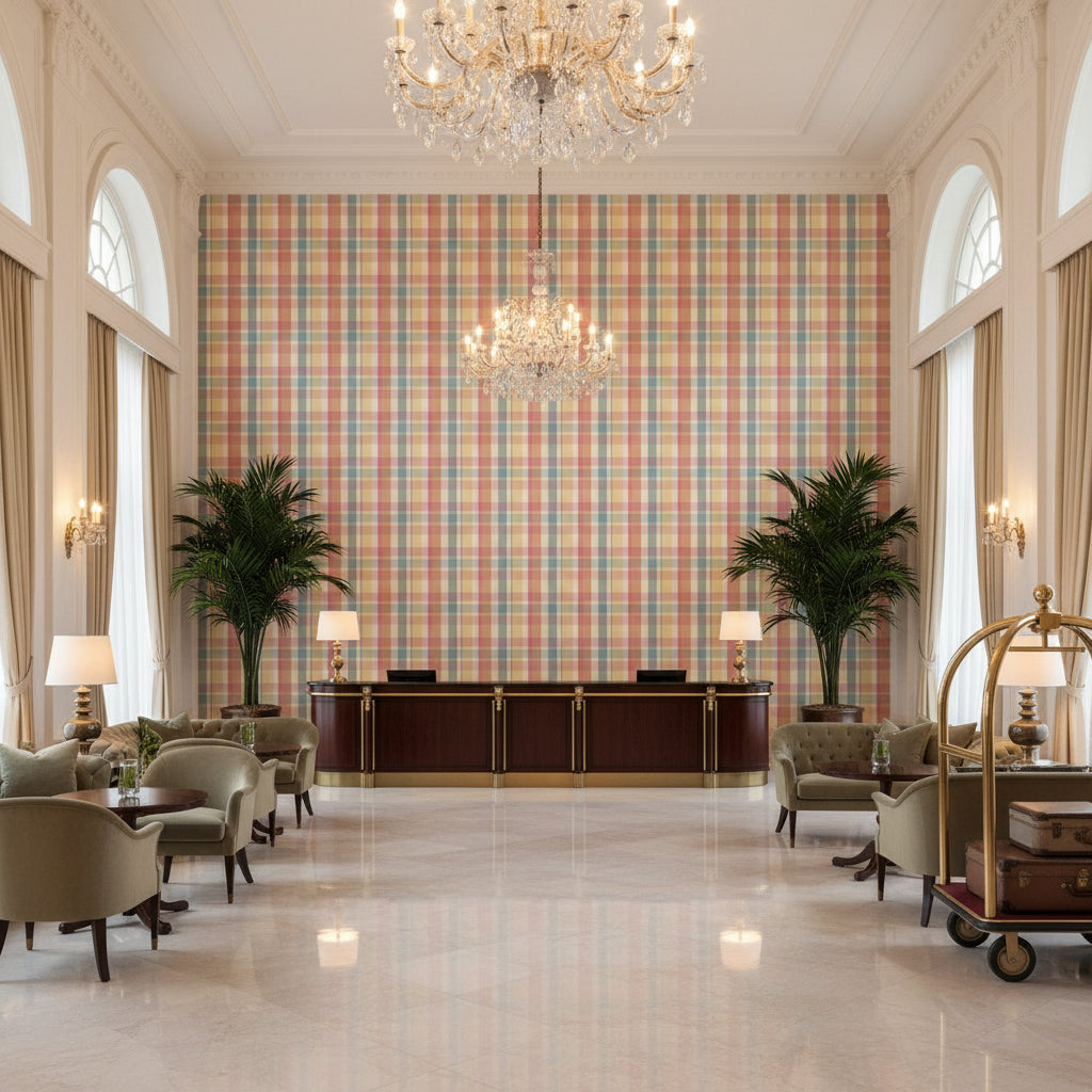 Fisher Plaid Melon/Aqua | Kravet - Hotel Lobby Visualization (AI-generated, may not be to scale. Verify pattern scale with product specifications.)
