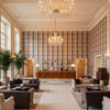 Fisher Plaid Navy/Petal | Kravet - Hotel Lobby Visualization (AI-generated, may not be to scale. Verify pattern scale with product specifications.)