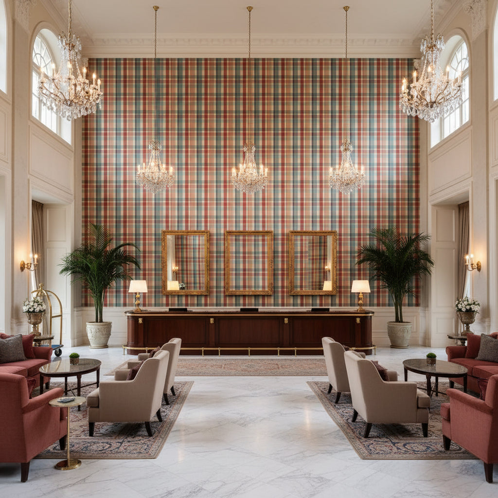 Fisher Plaid Teal/Spice | Kravet - Hotel Lobby Visualization (AI-generated, may not be to scale. Verify pattern scale with product specifications.)