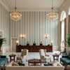Fisher Stripe Sky/Stone | Kravet - Hotel Lobby Visualization (AI-generated, may not be to scale. Verify pattern scale with product specifications.)