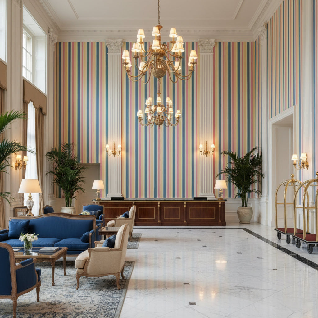 Fisher Stripe Navy/Petal | Kravet - Hotel Lobby Visualization (AI-generated, may not be to scale. Verify pattern scale with product specifications.)