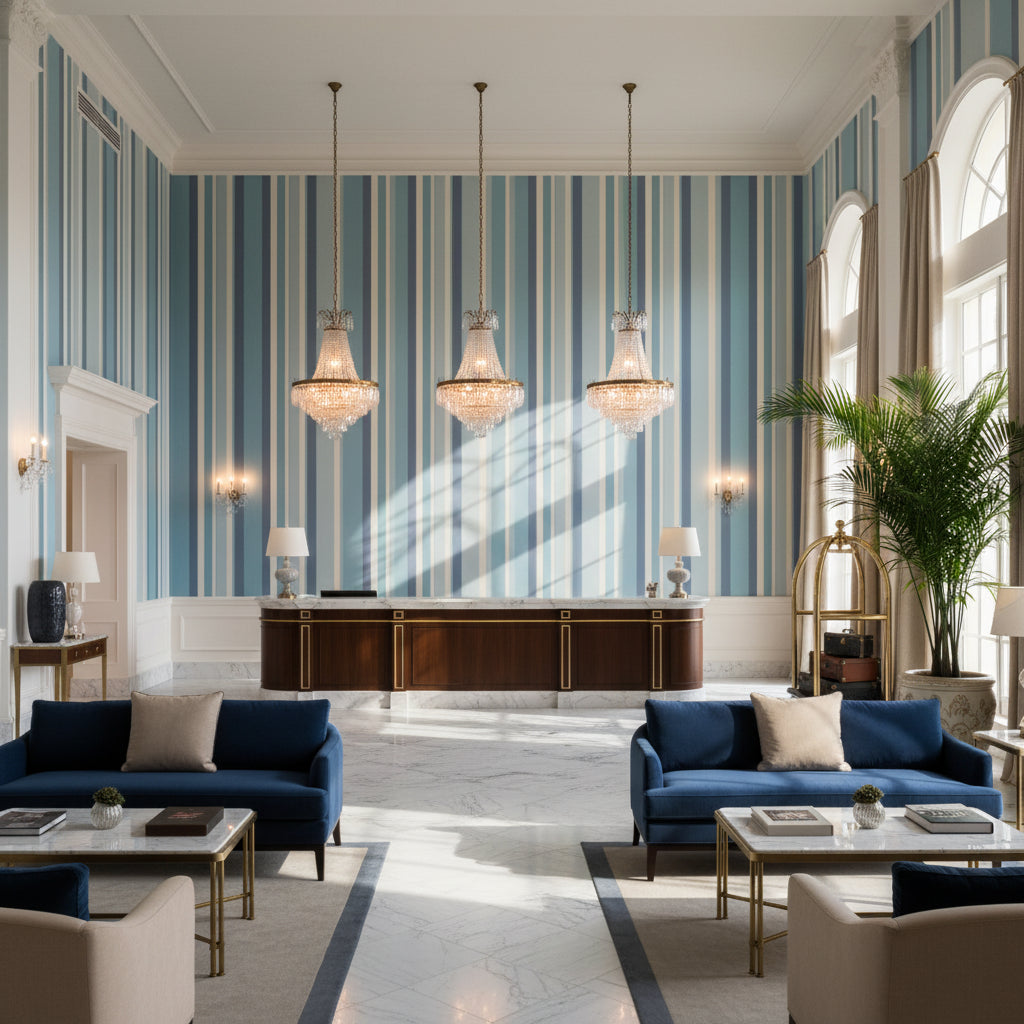 Fisher Stripe Capri/Sky | Kravet - Hotel Lobby Visualization (AI-generated, may not be to scale. Verify pattern scale with product specifications.)
