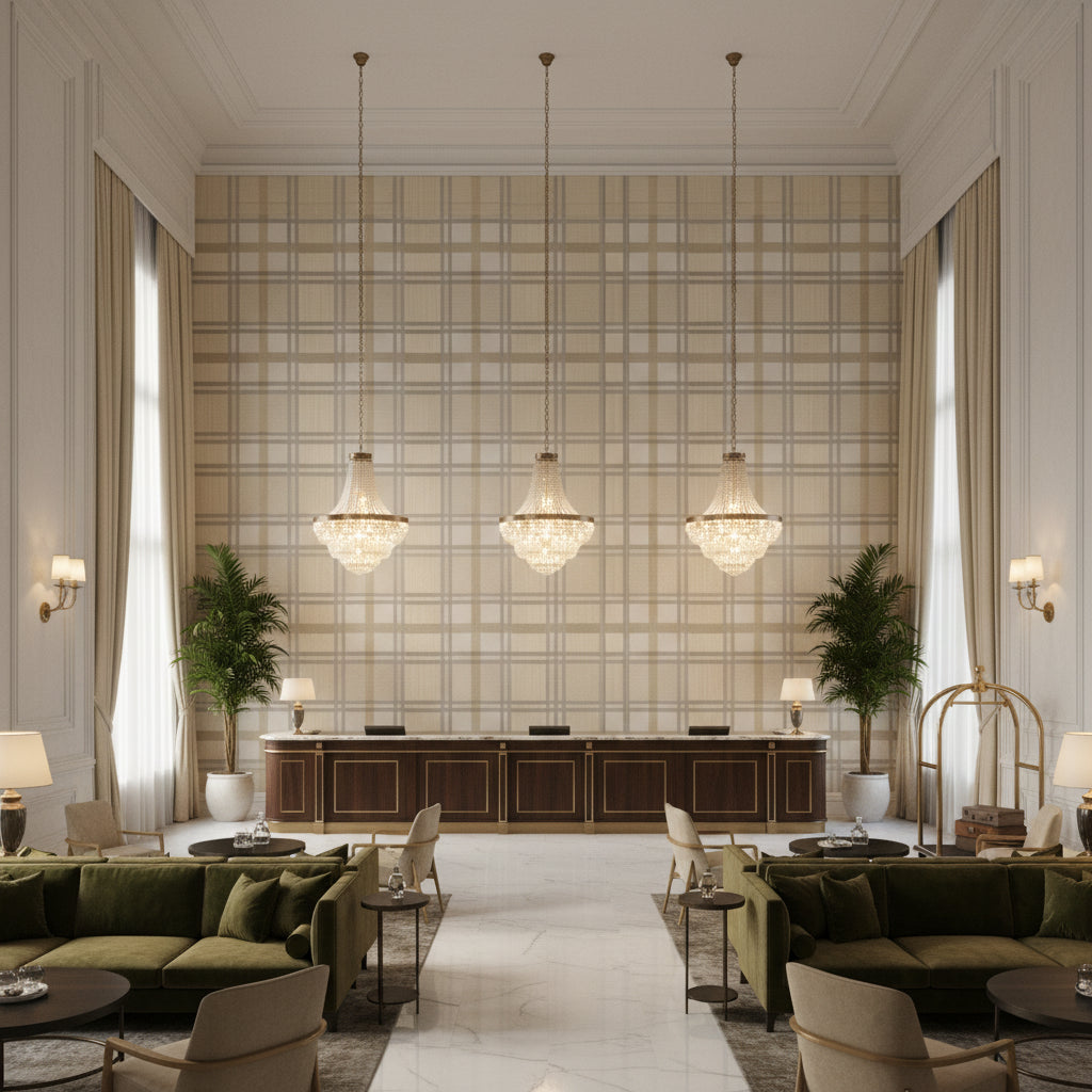 Davies Plaid Sand/Stone | Kravet - Hotel Lobby Visualization (AI-generated, may not be to scale. Verify pattern scale with product specifications.)