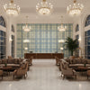 Davies Plaid Aqua/Leaf | Kravet - Hotel Lobby Visualization (AI-generated, may not be to scale. Verify pattern scale with product specifications.)