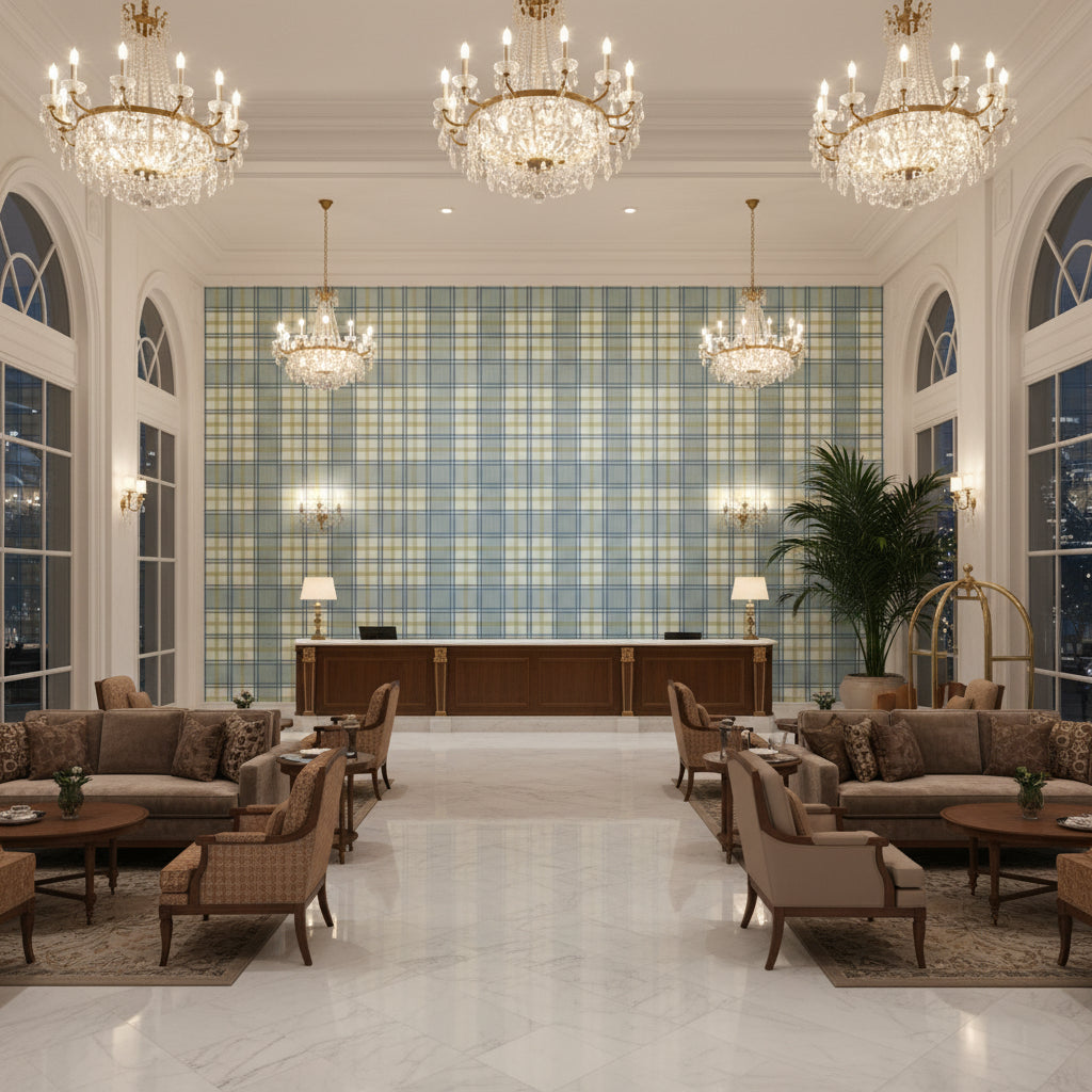 Davies Plaid Aqua/Leaf | Kravet - Hotel Lobby Visualization (AI-generated, may not be to scale. Verify pattern scale with product specifications.)