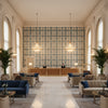Davies Plaid Sky/Sand | Kravet - Hotel Lobby Visualization (AI-generated, may not be to scale. Verify pattern scale with product specifications.)