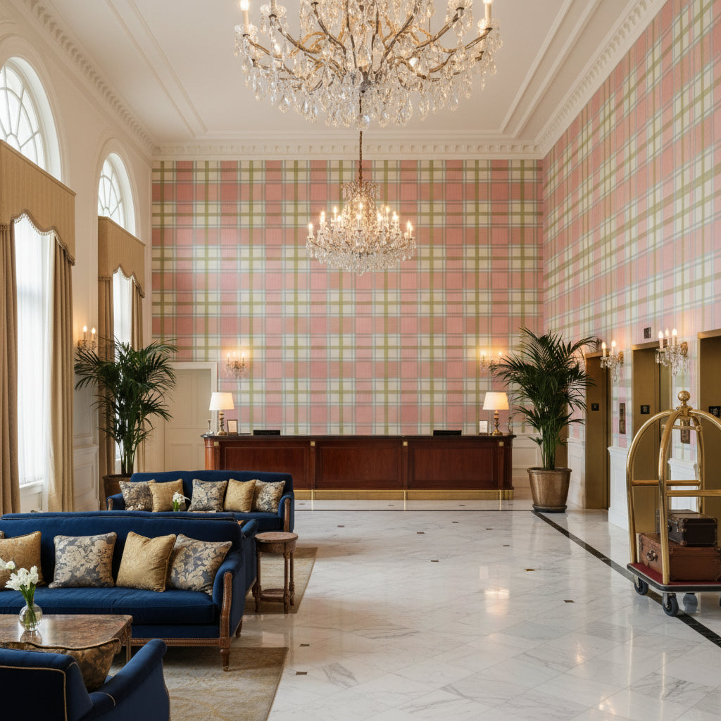 Davies Plaid Petal/Kiwi | Kravet - Hotel Lobby Visualization (AI-generated, may not be to scale. Verify pattern scale with product specifications.)