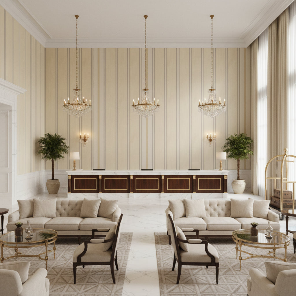 Davies Stripe Sand/Stone | Kravet - Hotel Lobby Visualization (AI-generated, may not be to scale. Verify pattern scale with product specifications.)