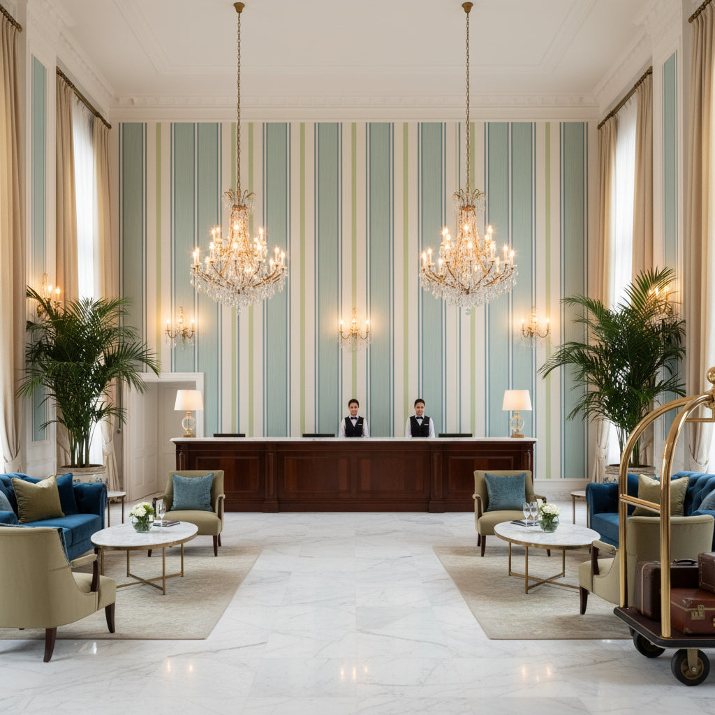 Davies Stripe Aqua/Leaf | Kravet - Hotel Lobby Visualization (AI-generated, may not be to scale. Verify pattern scale with product specifications.)