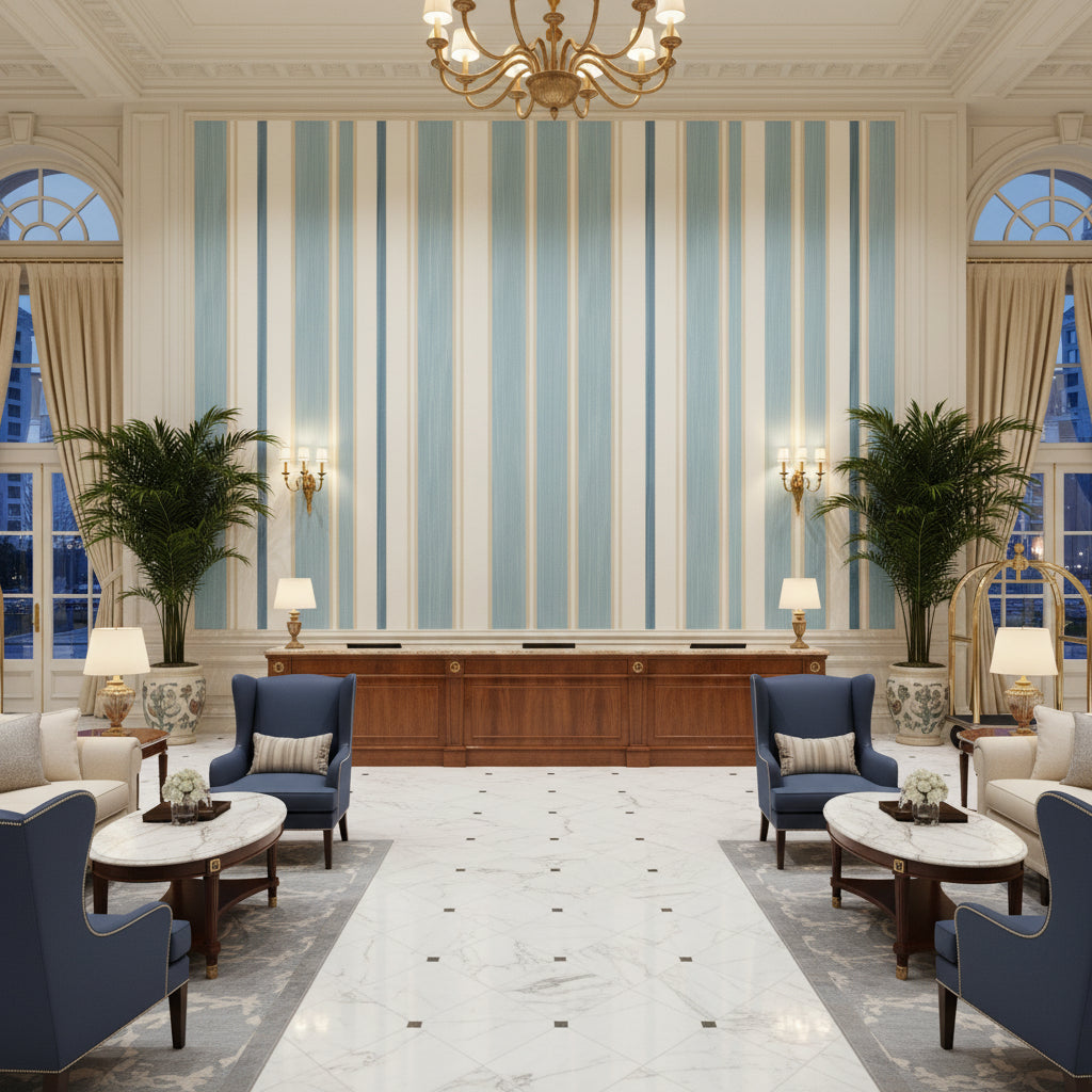 Davies Stripe Sky/Sand | Kravet - Hotel Lobby Visualization (AI-generated, may not be to scale. Verify pattern scale with product specifications.)