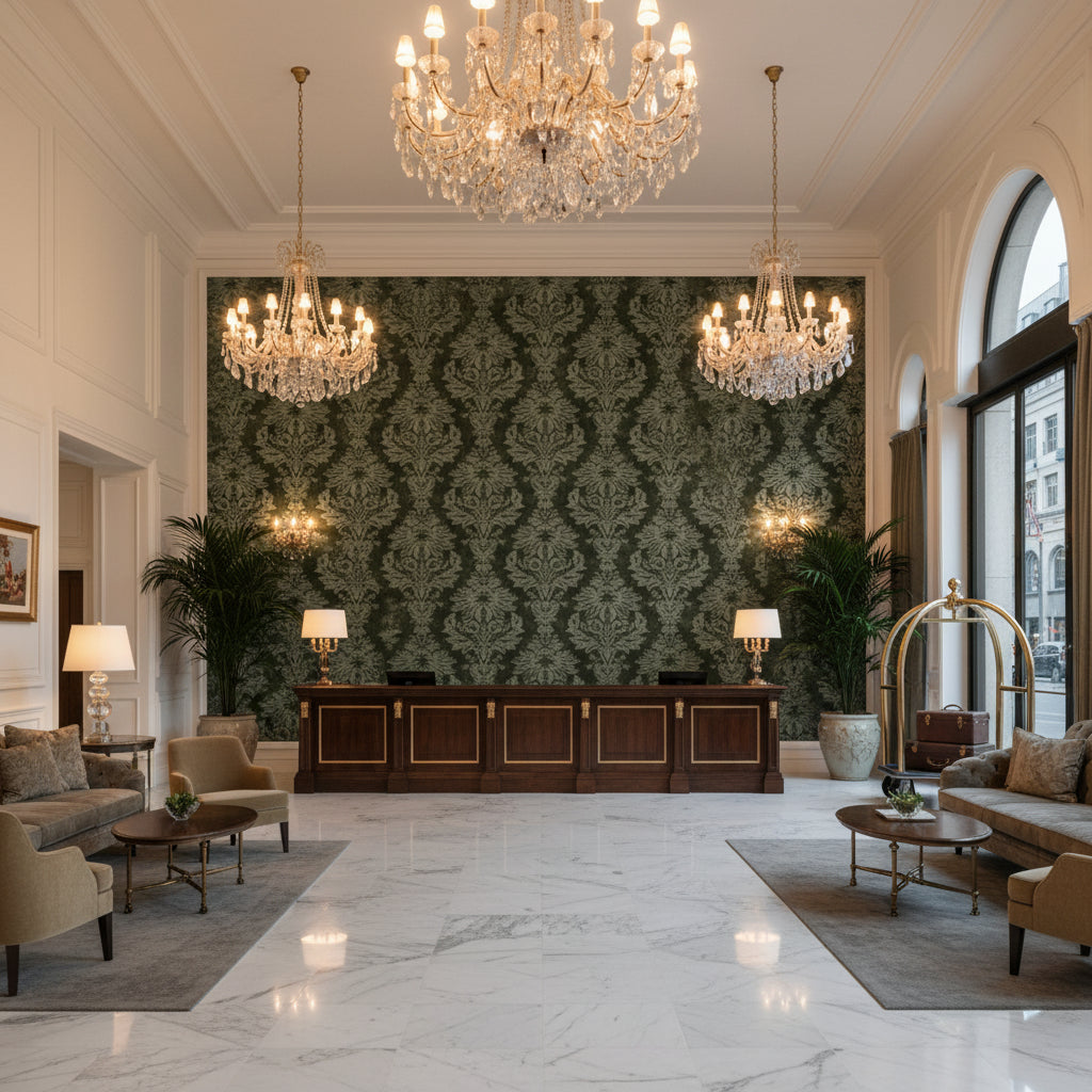 Parham Velvet Loden | Kravet - Hotel Lobby Visualization (AI-generated, may not be to scale. Verify pattern scale with product specifications.)