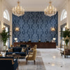 Parham Velvet Azure | Kravet - Hotel Lobby Visualization (AI-generated, may not be to scale. Verify pattern scale with product specifications.)