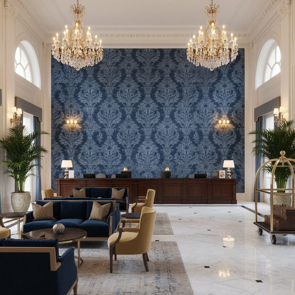 Parham Velvet Azure | Kravet - Hotel Lobby Visualization (AI-generated, may not be to scale. Verify pattern scale with product specifications.)