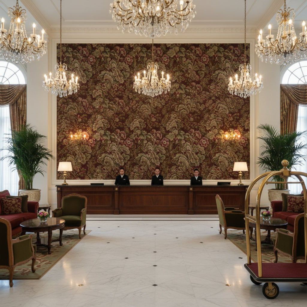 Barwick Velvet Garnet | Kravet - Hotel Lobby Visualization (AI-generated, may not be to scale. Verify pattern scale with product specifications.)