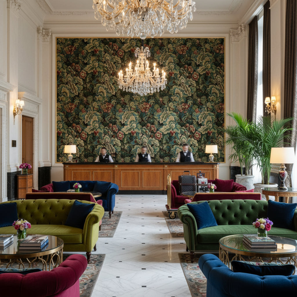 Barwick Velvet Antique | Kravet - Hotel Lobby Visualization (AI-generated, may not be to scale. Verify pattern scale with product specifications.)