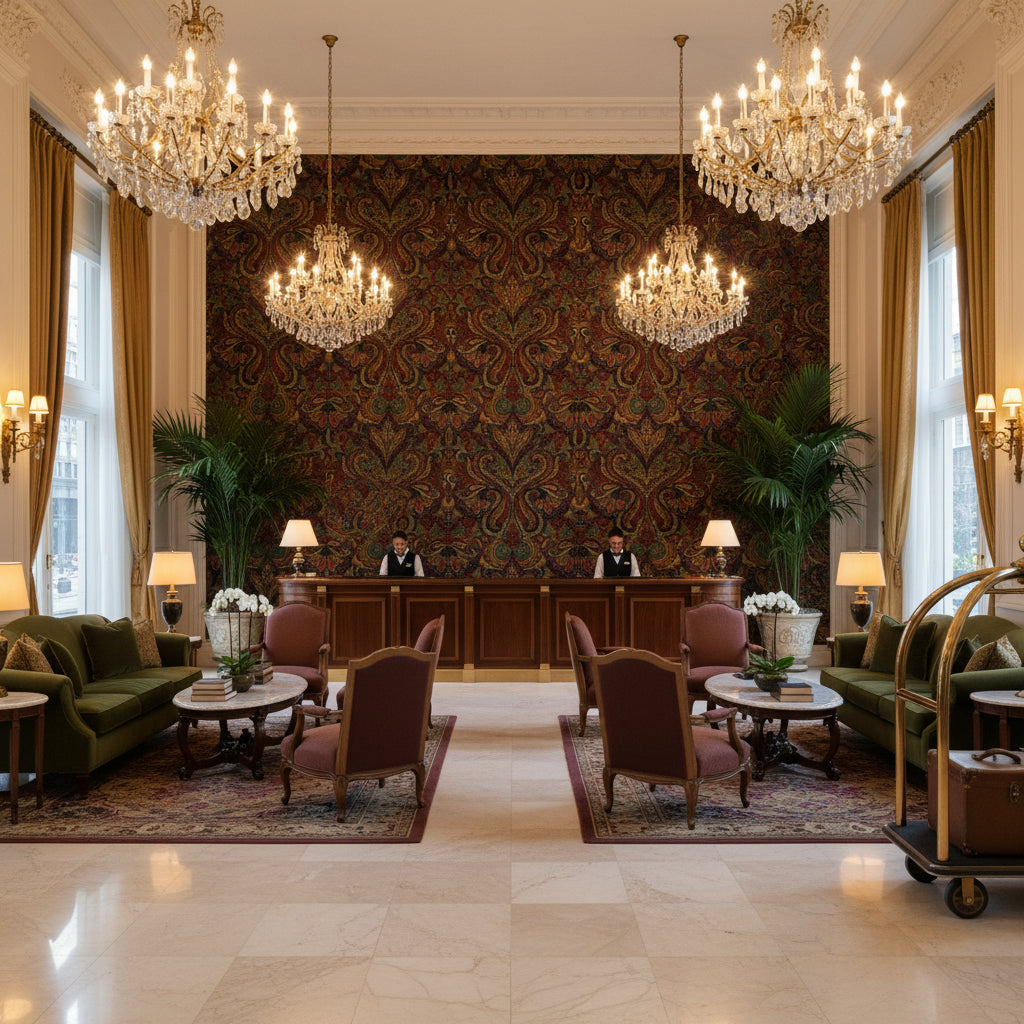 Carswell Velvet Topaz/Ruby | Kravet - Hotel Lobby Visualization (AI-generated, may not be to scale. Verify pattern scale with product specifications.)