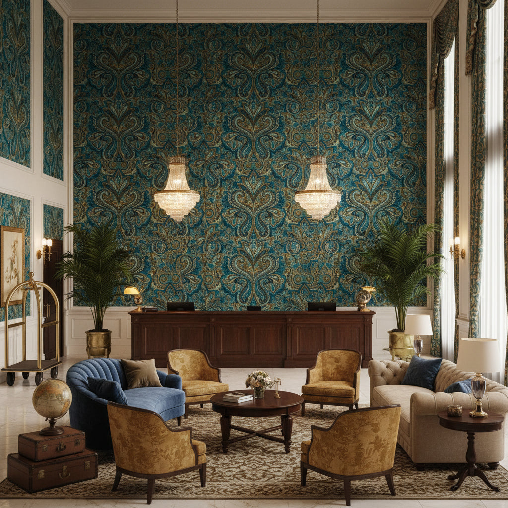 Carswell Velvet Marine/Sky | Kravet - Hotel Lobby Visualization (AI-generated, may not be to scale. Verify pattern scale with product specifications.)