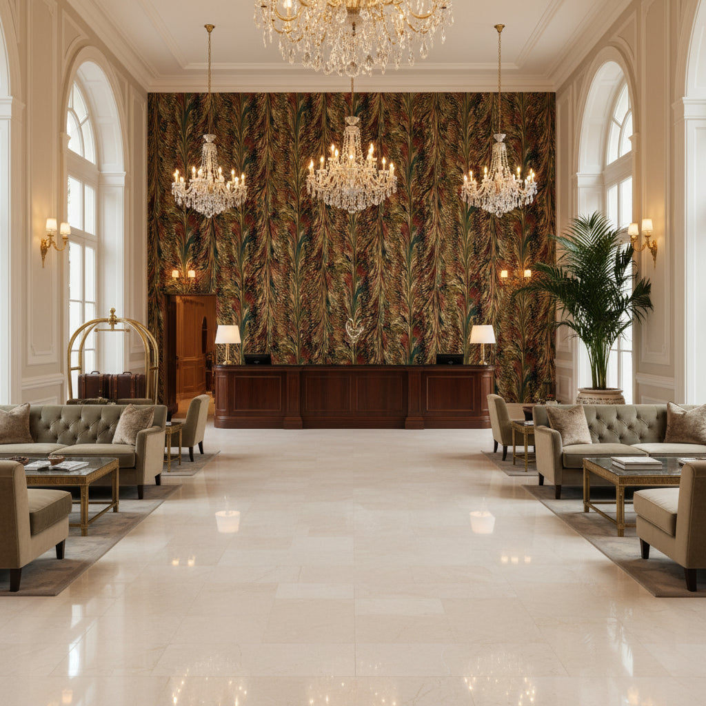 Taplow Velvet Berry/Moss | Kravet - Hotel Lobby Visualization (AI-generated, may not be to scale. Verify pattern scale with product specifications.)