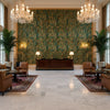 Taplow Velvet Teal/Bronze | Kravet - Hotel Lobby Visualization (AI-generated, may not be to scale. Verify pattern scale with product specifications.)