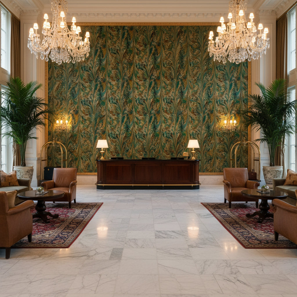 Taplow Velvet Teal/Bronze | Kravet - Hotel Lobby Visualization (AI-generated, may not be to scale. Verify pattern scale with product specifications.)