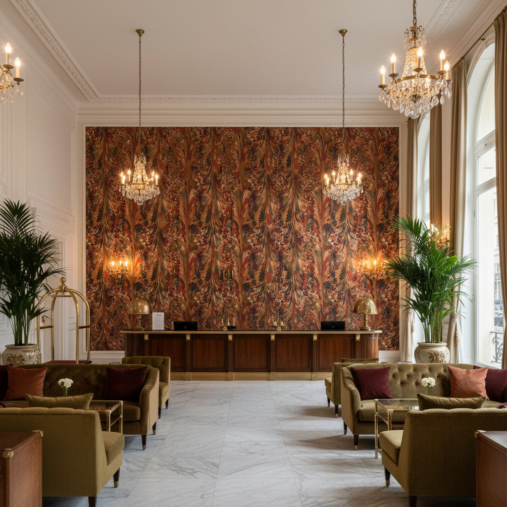 Taplow Velvet Clay/Plum | Kravet - Hotel Lobby Visualization (AI-generated, may not be to scale. Verify pattern scale with product specifications.)