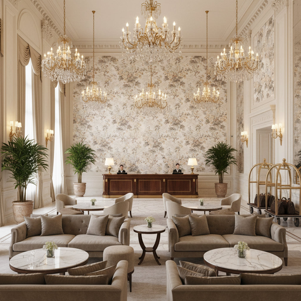 Althea Linen Stone | Kravet - Hotel Lobby Visualization (AI-generated, may not be to scale. Verify pattern scale with product specifications.)