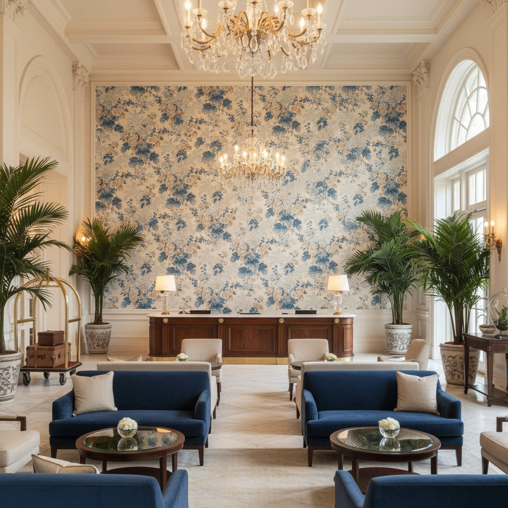 Althea Linen Delft | Kravet - Hotel Lobby Visualization (AI-generated, may not be to scale. Verify pattern scale with product specifications.)