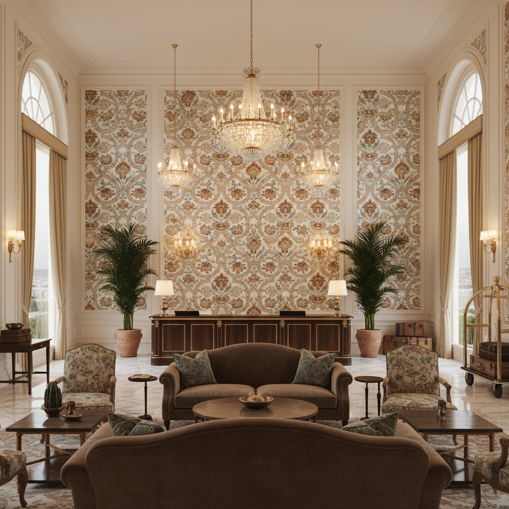 New Sevilla Linen Clay | Kravet - Hotel Lobby Visualization (AI-generated, may not be to scale. Verify pattern scale with product specifications.)